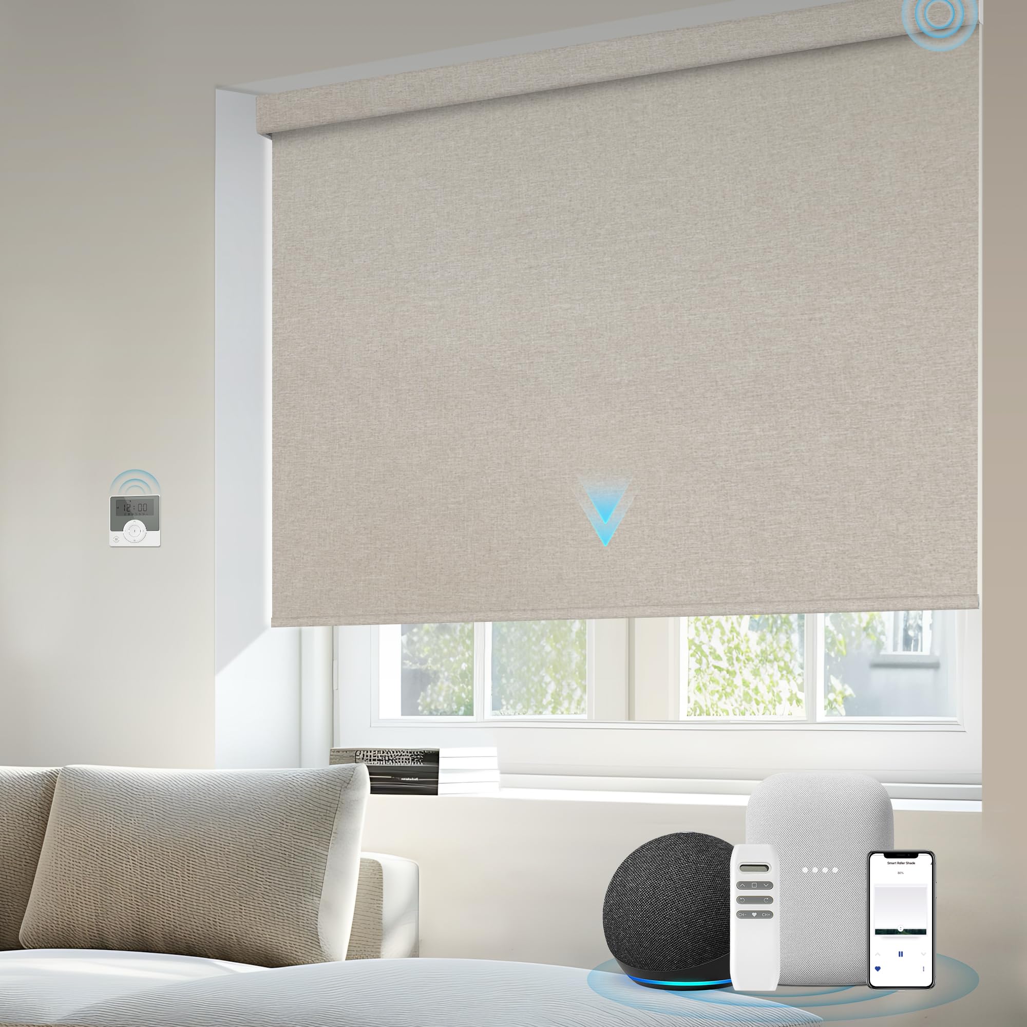 VIDEMA Motorized Roller Shade – One-Layer Blackout Fabric, Battery (Li-ion) or Plug-In Motor Options, Made-to-Measure • Plug-in version: works directly with Alexa/Google • Battery version: requires gateway for voice control