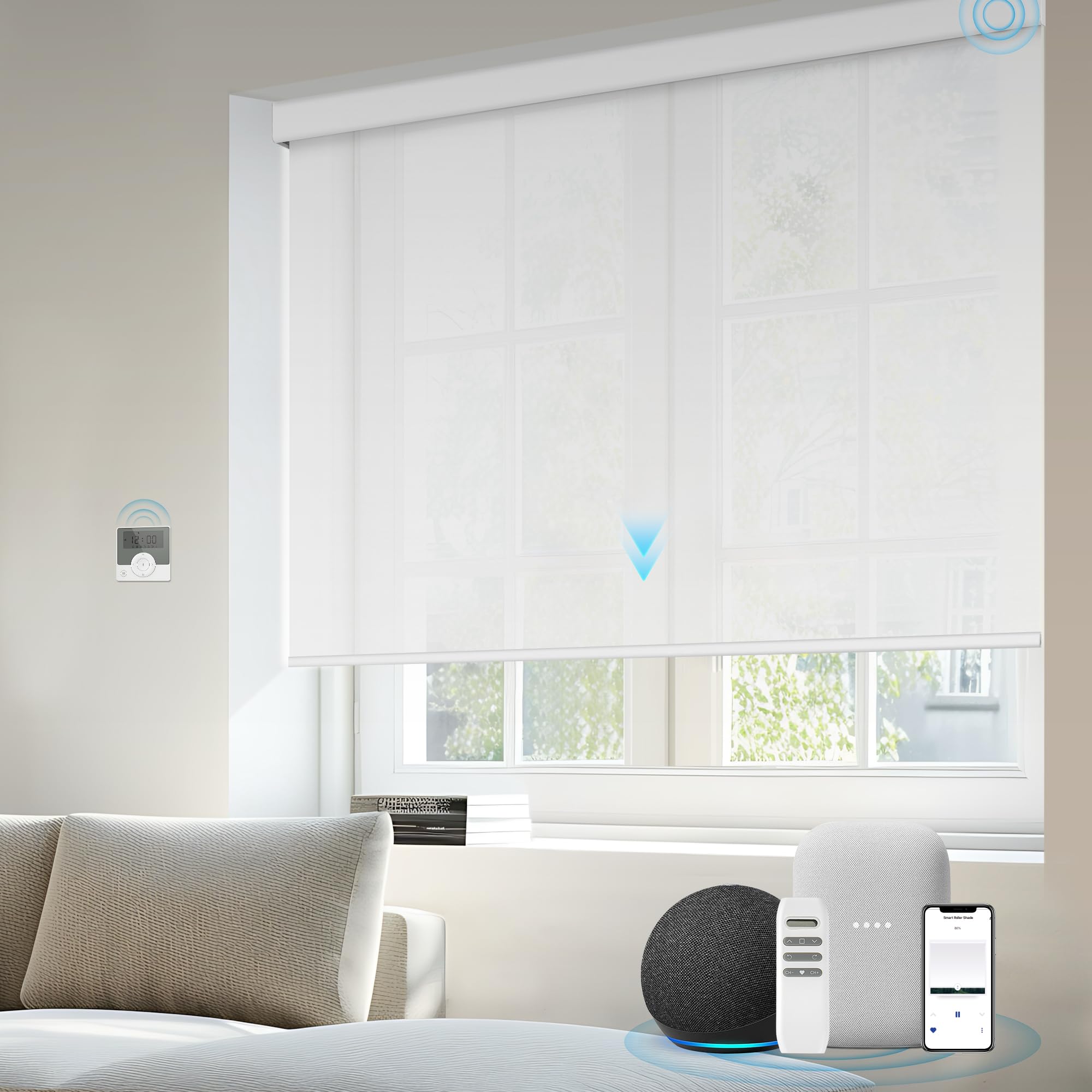 VIDEMA Motorized Roller Shade – One-Layer Light Filtering Fabric, Battery (Li-ion) or Plug-In Motor Options, Made-to-Measure • Plug-in version: works directly with Alexa/Google • Battery version: requires gateway for voice control
