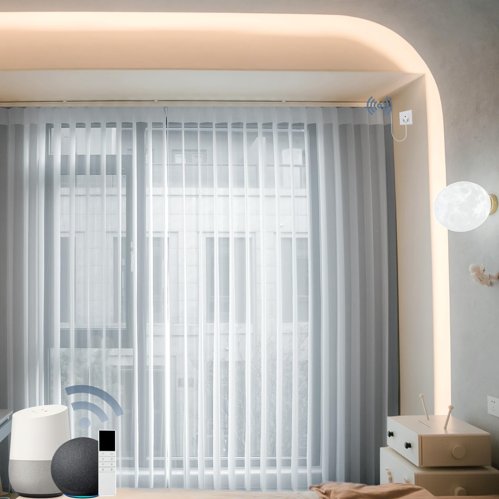 VIDEMA Motorized Vertical Sheer Blinds – 180° Flip Dim-Out/Sheer, Walk-Through Panels, Remote & Voice Control, Made-to-Measure