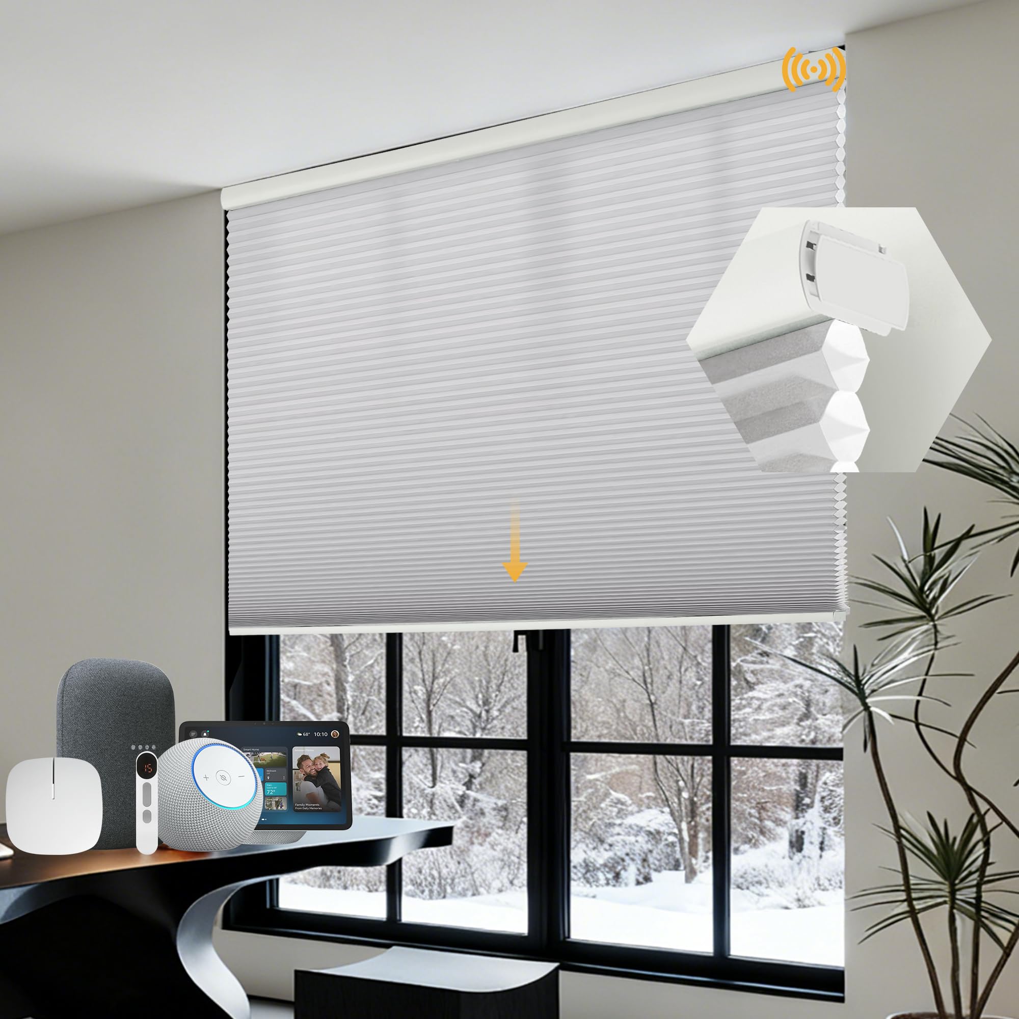 VIDEMA Motorized No-Drill Cellular Honeycomb Shade – Snap-in Bracket, Single/Double-Cell Blackout/Light-Filtering Fabric, Remote & Voice Control, Made-to-Measure
