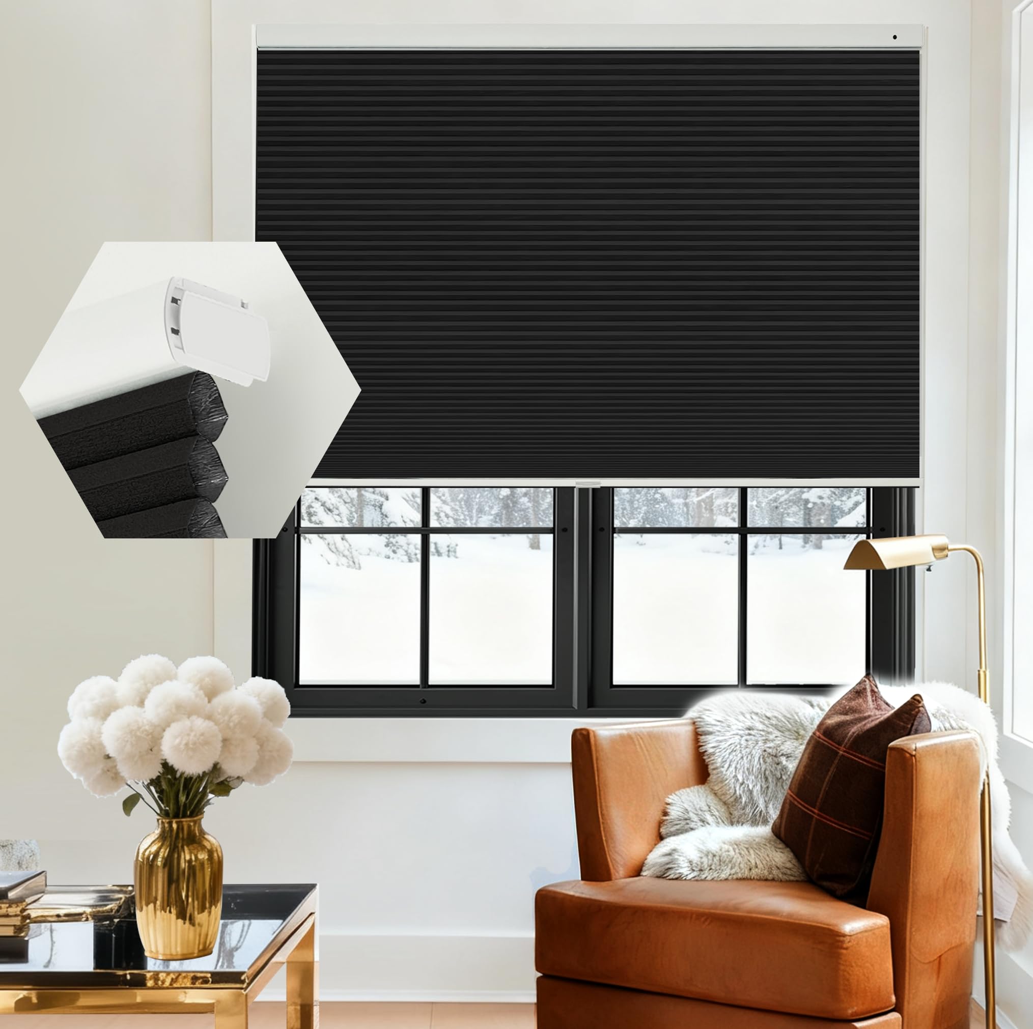 VIDEMA Manual No-Drill Cellular Honeycomb Shade – Snap-In Frame Mount, Single/Double-Cell Blackout/Light-Filtering Fabric, Cord-Free Stop-Anywhere, Made-to-Measure