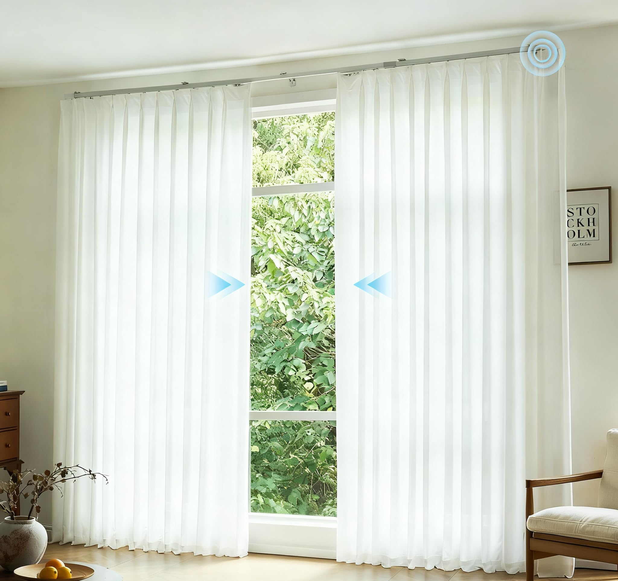 VIDEMA Motorized Sheer Curtain – Track Telescopes to 177″, Remote & Voice Control, Made-to-Measure