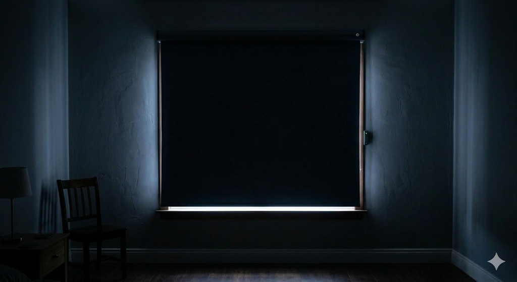 Blackout roller blind with outside mount showing light gaps. Even with oversized fabric, the physical distance between the shade and the wall allows light to leak around the perimeter.