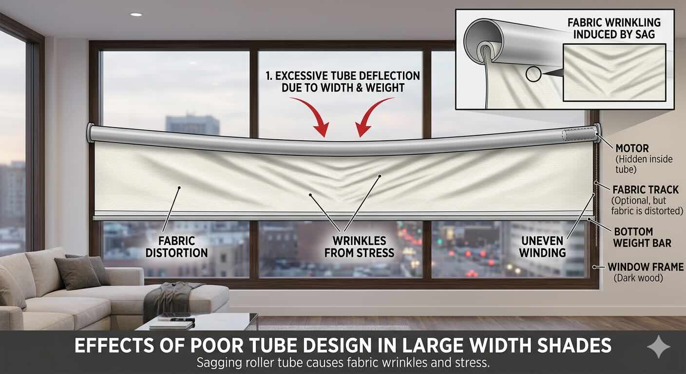 A technical diagram illustrating how a sagging roller shade tube causes fabric wrinkles in wide windows.