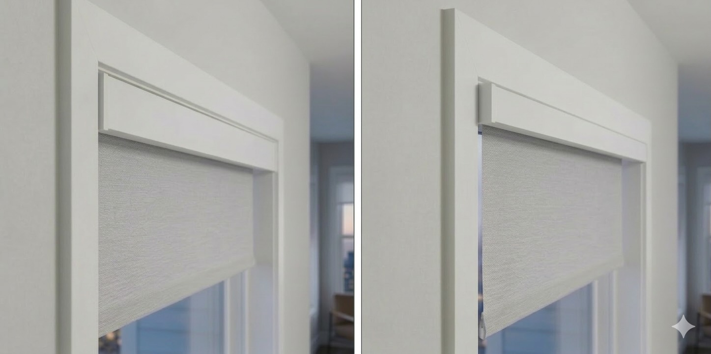 Side-by-side comparison showing a roller shade headrail flush inside a deep window frame (left) versus a headrail protruding from a shallow frame under 2 inches (right).